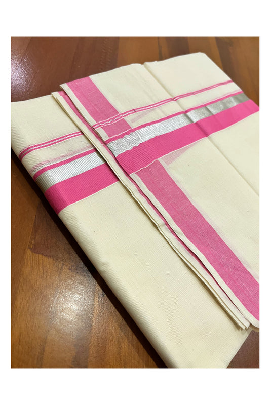 Pure Cotton Double Mundu with Silver Kasavu and Pink Kara (South Indian Kerala Dhoti)