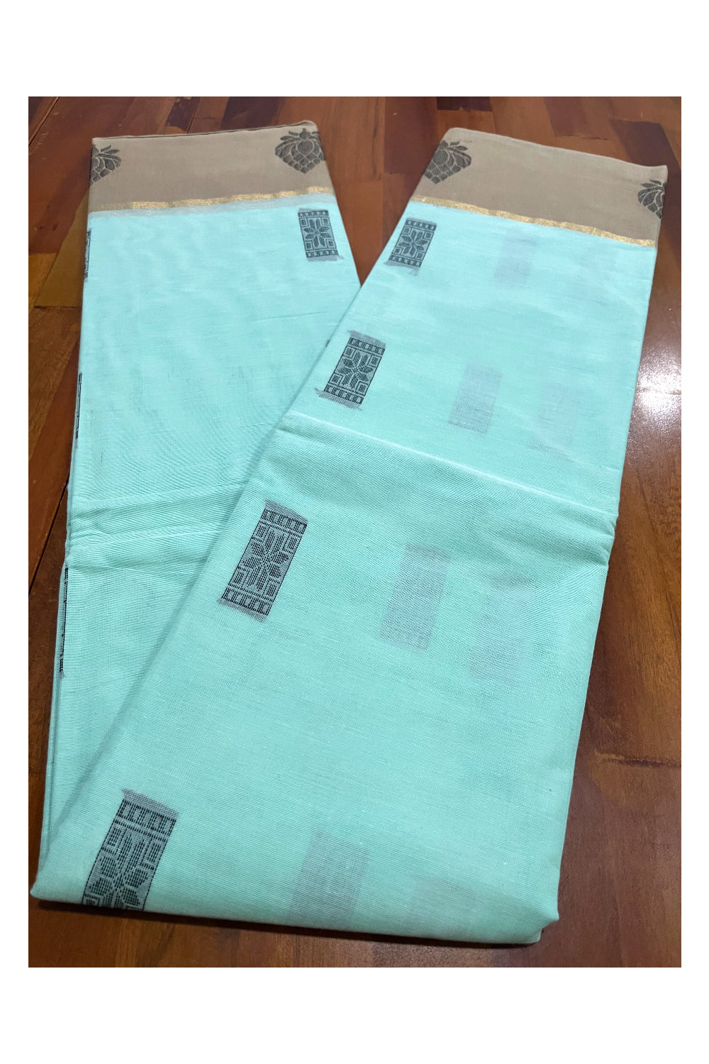 Southloom Cotton Green Saree with Woven Works on Body and Brown Border