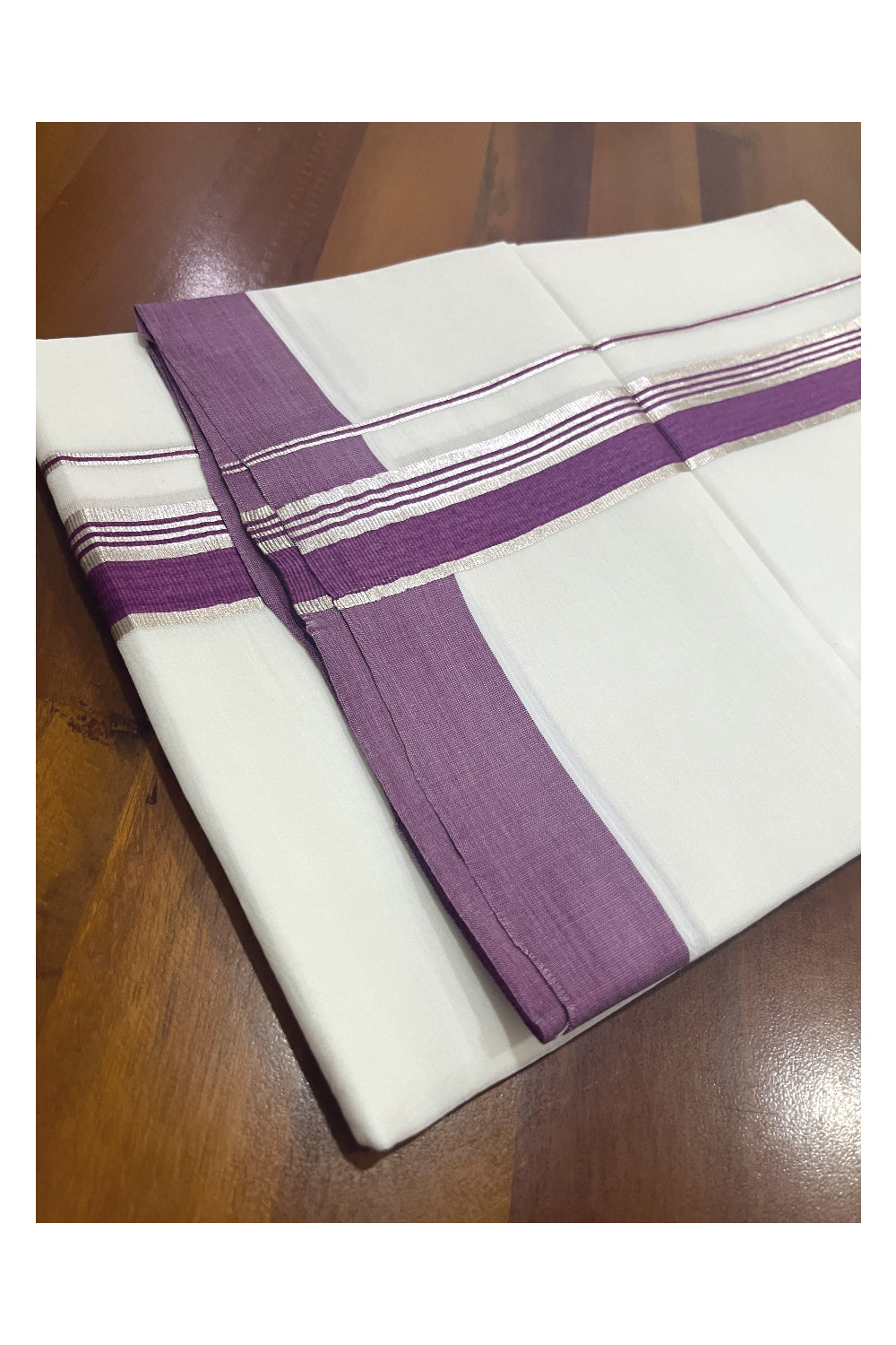 Pure White Cotton Double Mundu with Violet and Silver Kasavu Border (South Indian Kerala Dhoti)