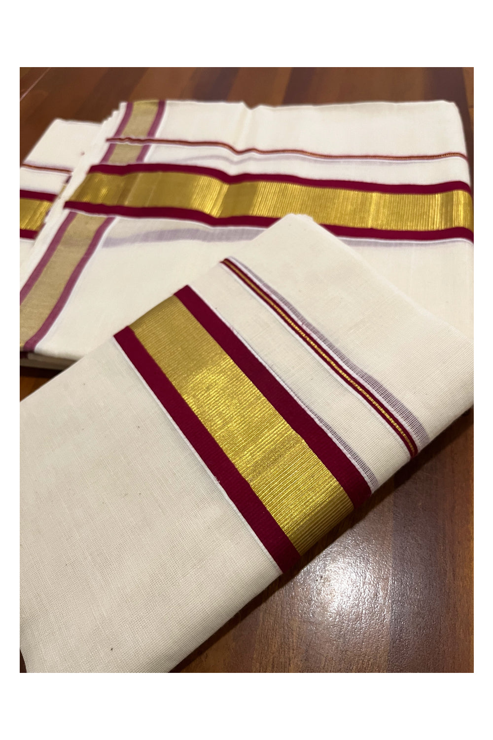 Pure Cotton Mundum Neriyathum Double (Set Mundu) with Maroon and Kasavu Border 2.80 Mtrs