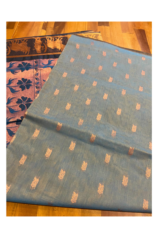 Southloom Cotto Grayish Blue Saree with Woven Butta Works on Body and Heavy Copper Work on Pallu