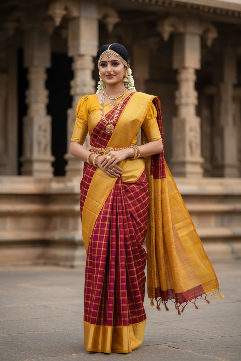 Southloom Premium Handloom Bridal Kanchipuram Silk Saree with Check Design (Maroon & Yellow )