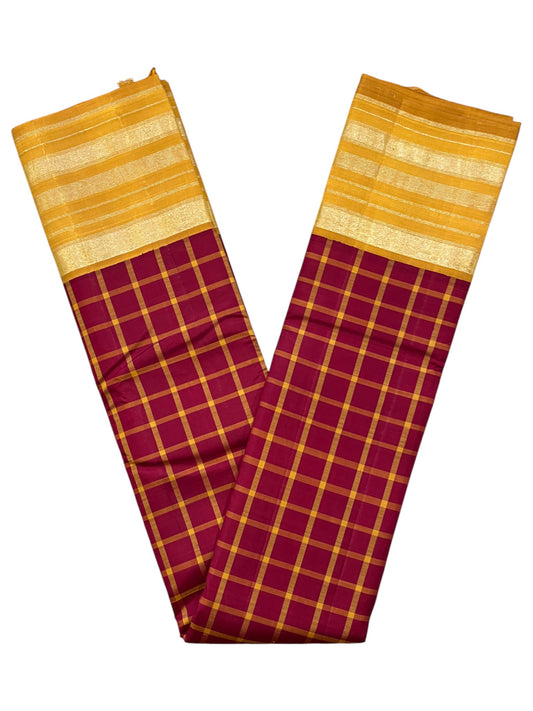 Southloom Premium Handloom Bridal Kanchipuram Silk Saree with Check Design (Maroon & Yellow )