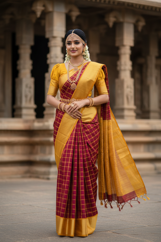 Southloom Premium Handloom Bridal Kanchipuram Silk Saree with Check Design (Maroon & Yellow )