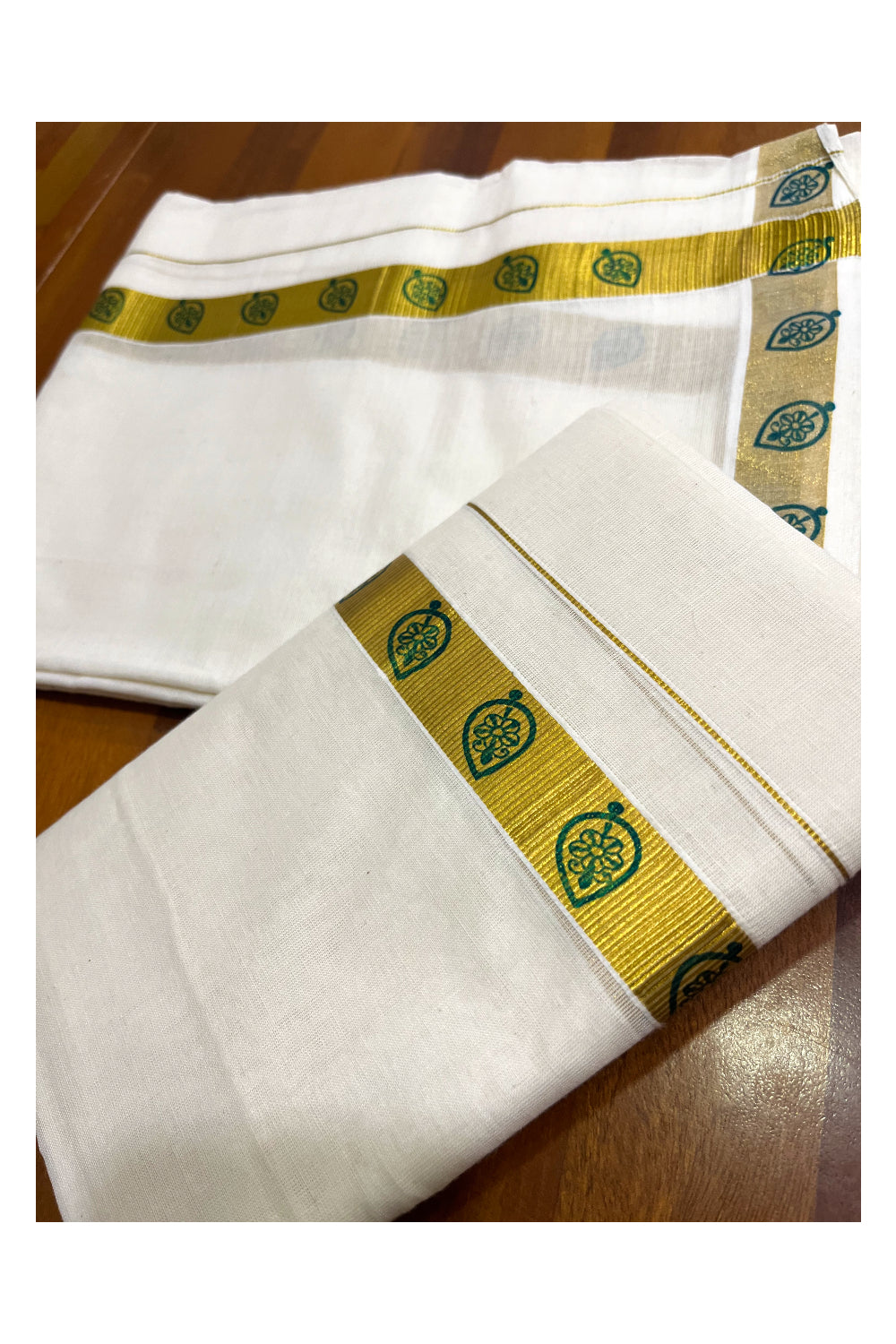 Kerala Pure Cotton Single Set Mundu with Green Block Prints on Kasavu Border 2.80 Mtrs