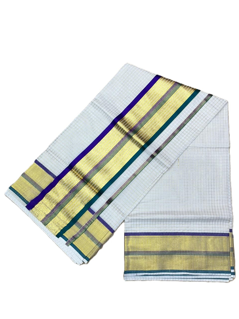 Southloom Kerala Cotton Kasavu Saree with Micro Check Design on Body in Violet & Peacock Green Border SL453