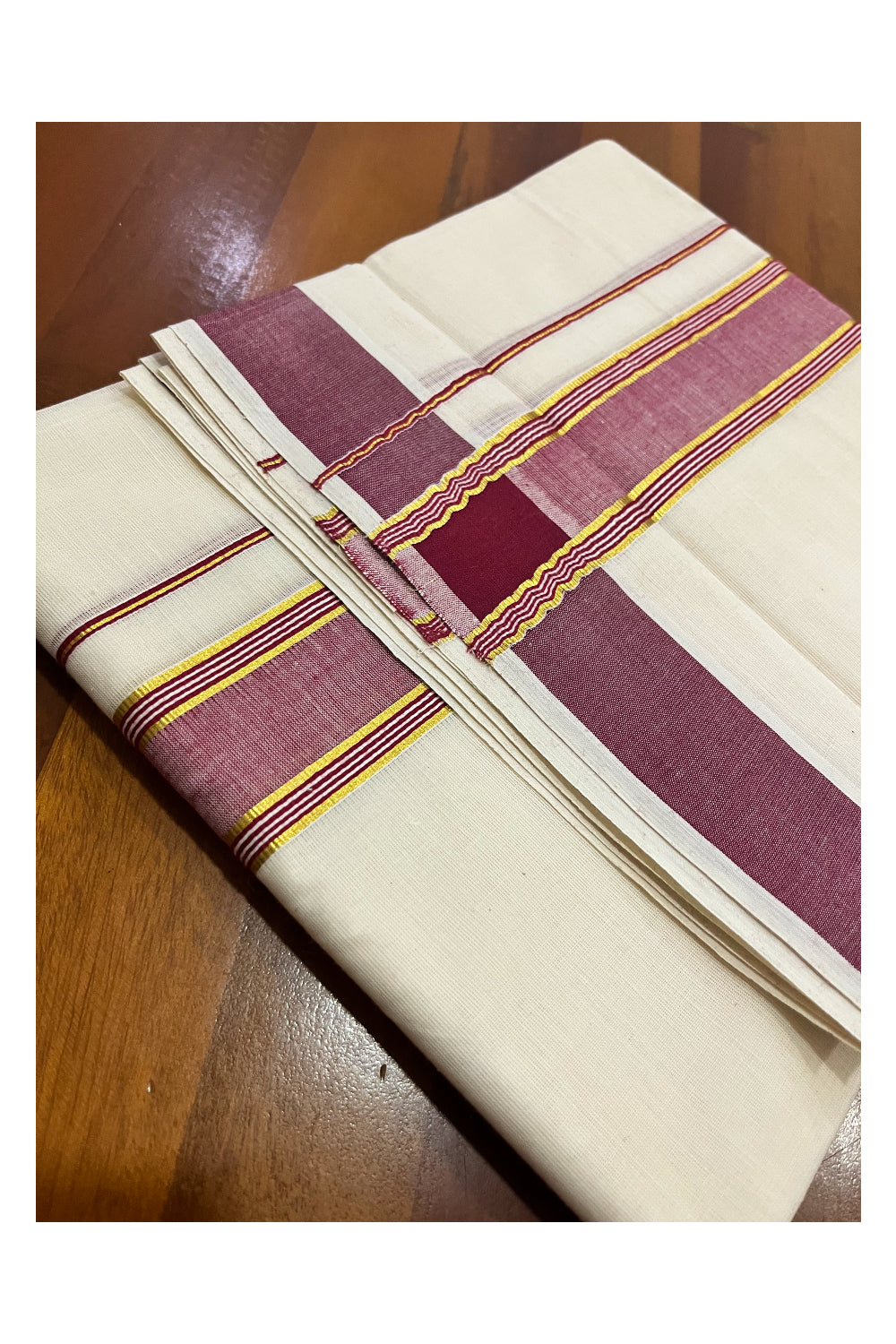 Kerala Pure Cotton Double Mundu with Maroon and Kasavu Border