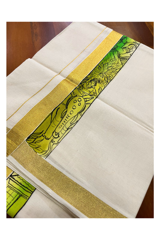 Pure Cotton Kerala Double Mundu with Krishna Hand Painted Designs on Kasavu Border (Vishu Collection 2024)