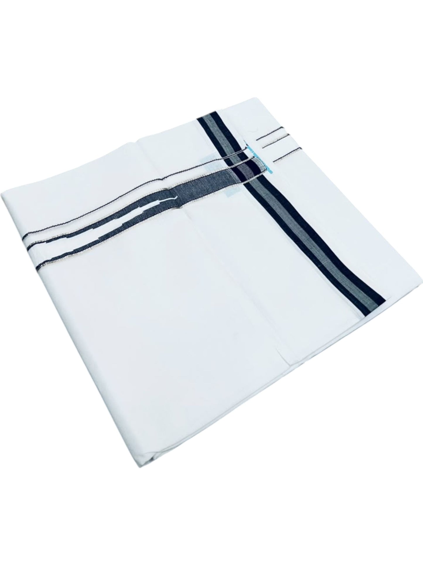 Southloom Pure White Cotton Double Mundu with Silver and Black Chutti Kara (South Indian Dhoti)
