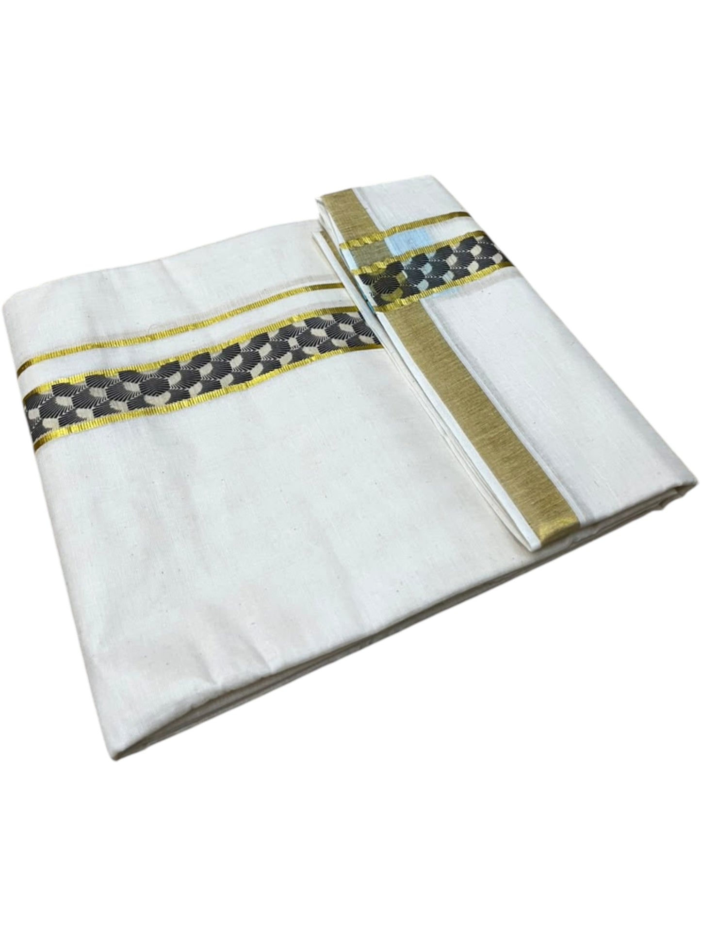 Southloom Pure Cotton Double Mundu with Blue Block Printed And Ksavu Border (South Indian Kerala Dhoti)