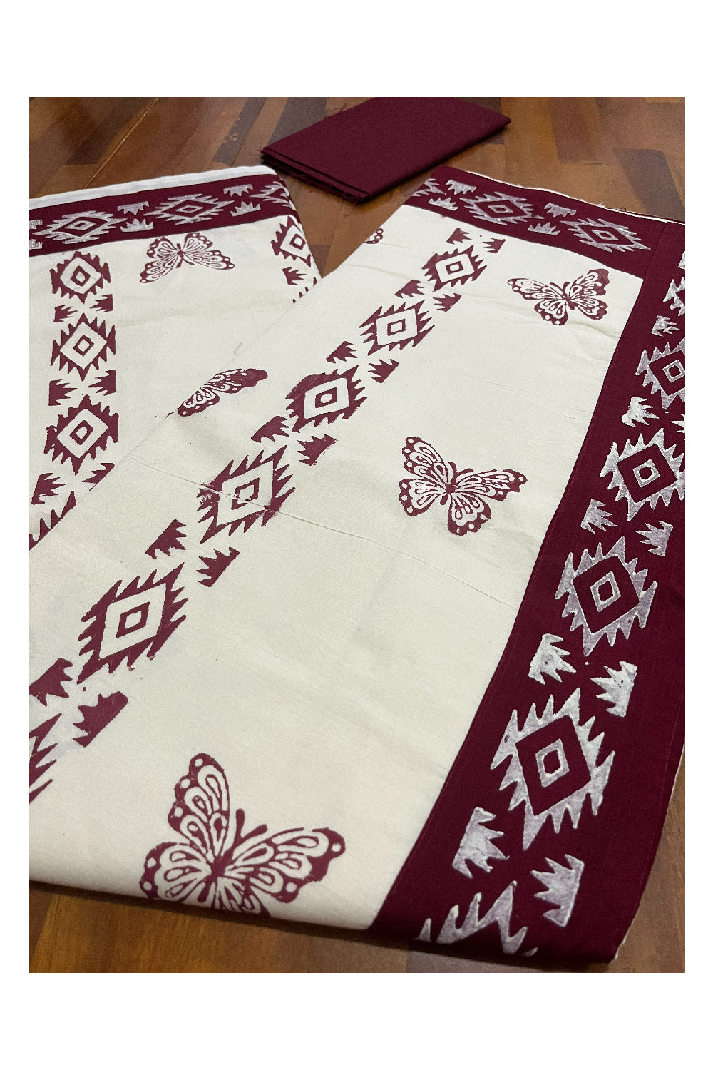 Pure Cotton Onam 2023 Kerala Saree with Hand Block Maroon Butterfly Batik Prints