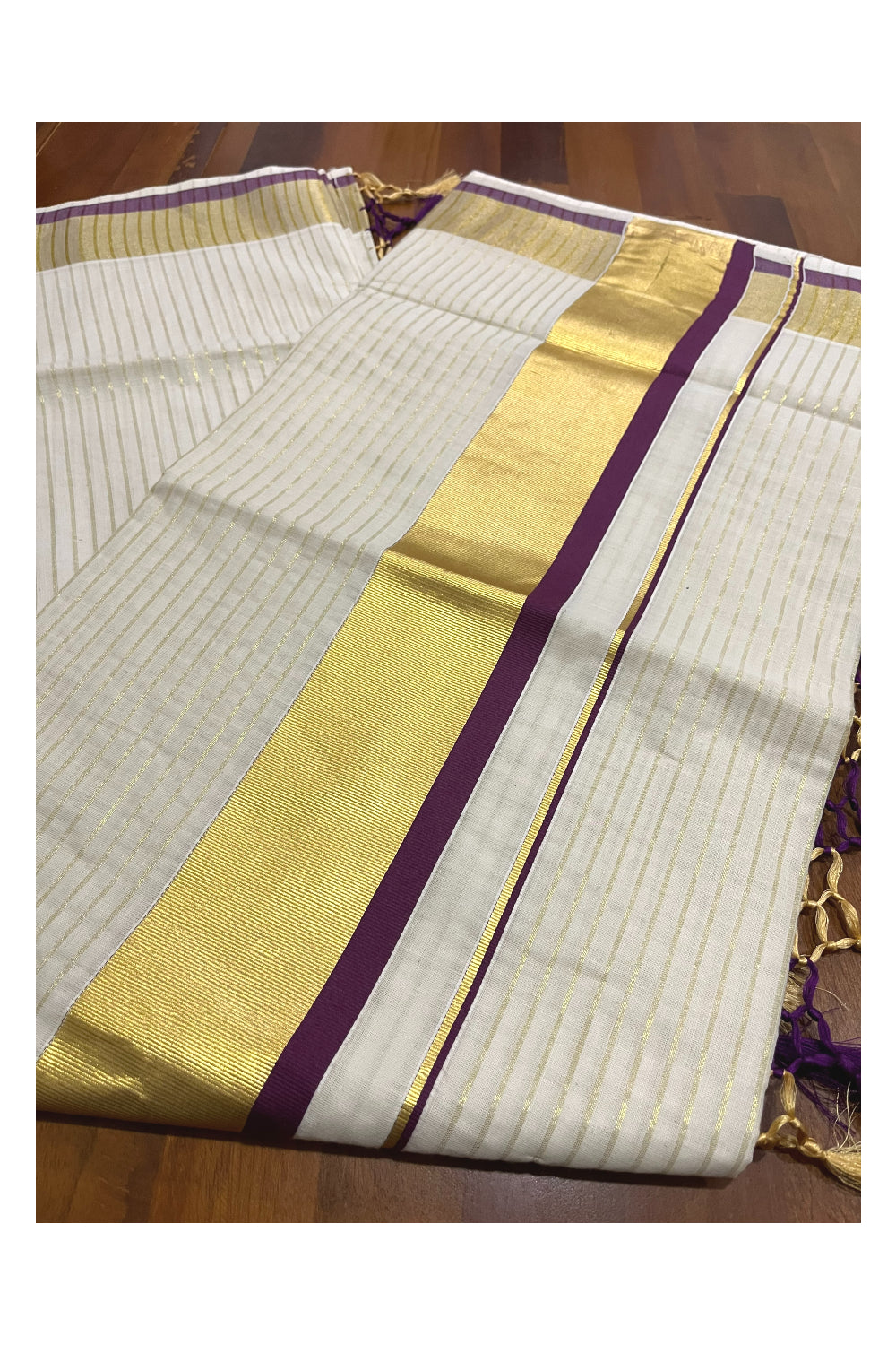 Pure Cotton Kerala Kasavu Lines Design Saree with Purple Border and Tassels Work (Onam Saree 2023)