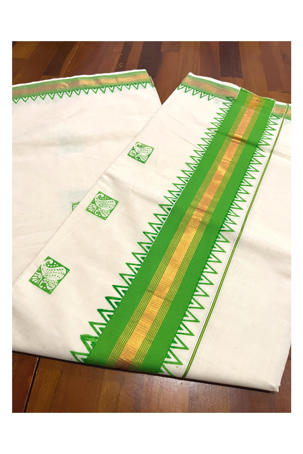 Pure Cotton Kerala Kasavu Saree with Green Temple Border and Block Prints on Body