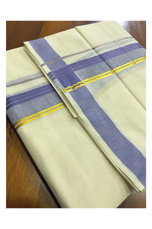 Off White Kerala Cotton Double Mundu with Kasavu and Violet Border (South Indian Kerala Dhoti)