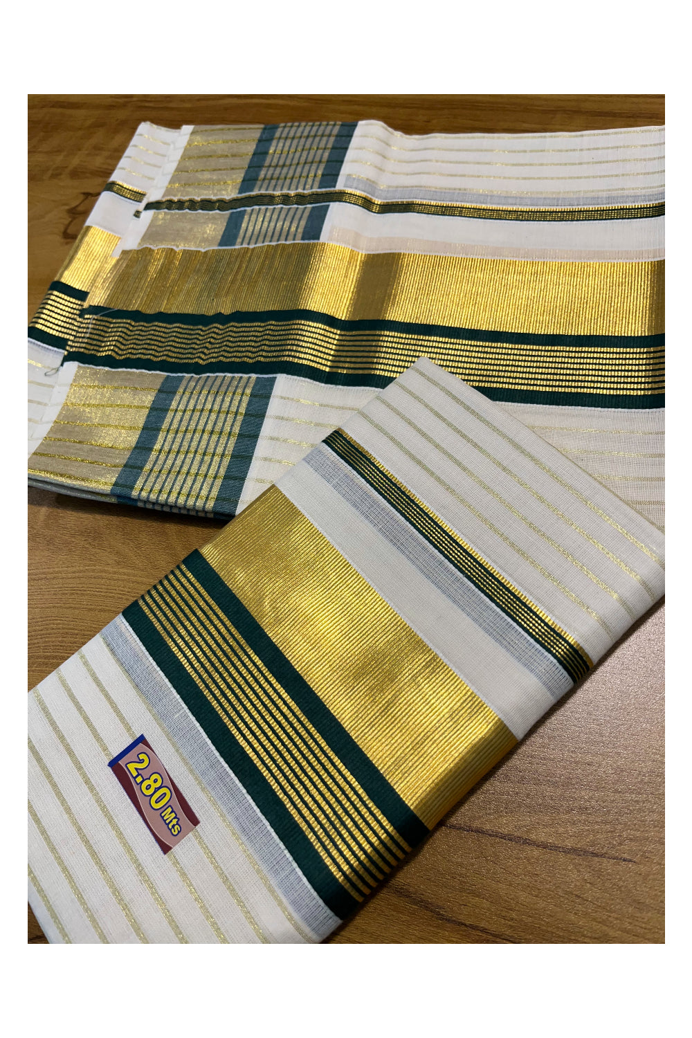 Kerala Cotton Set Mundu (Mundum Neriyathum) with Kasavu Lines on Body and Dark Green Border 2.80 Mtrs