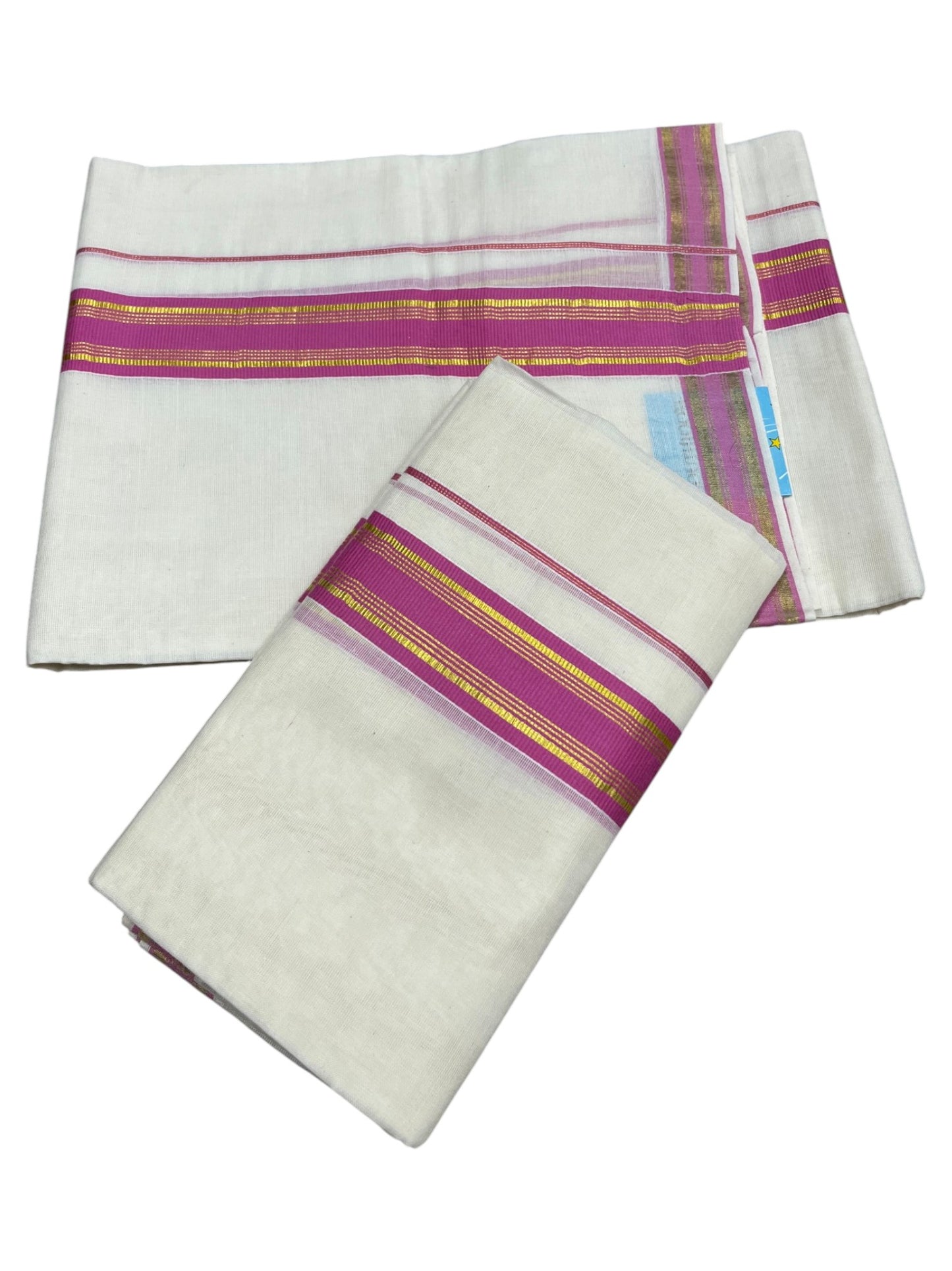 Southloom Kerala Cotton Single Set Mundu (Mundum Neriyathum) with Kasavu and  Pink Border in 2.80 Mtrs SLKK SL470