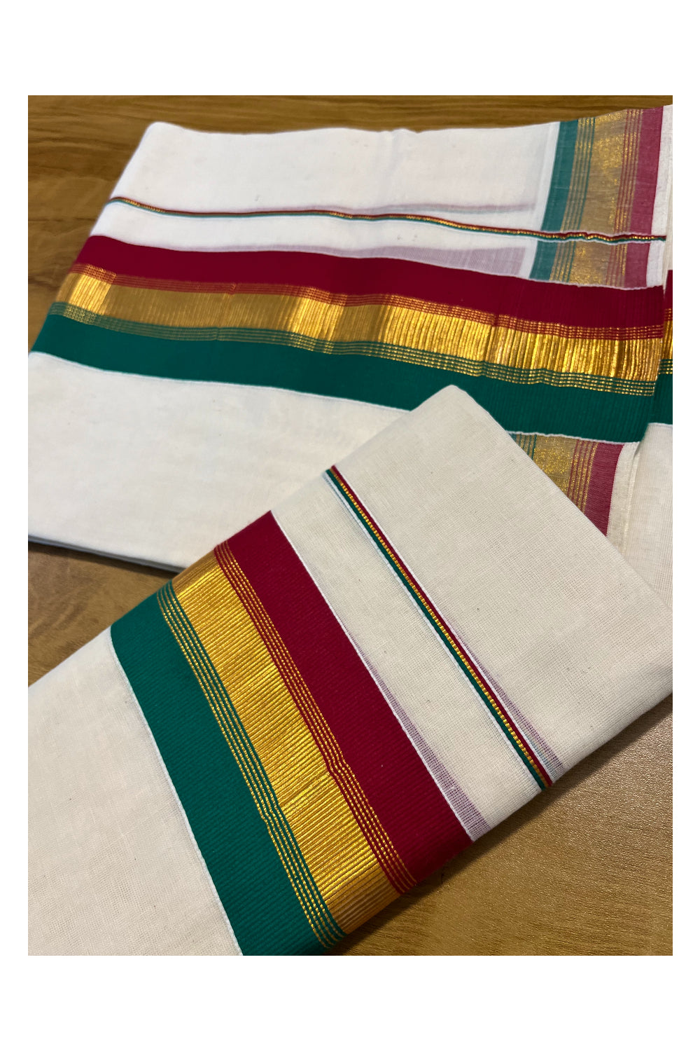 Kerala Cotton Kasavu Set Mundu (Mundum Neriyathum) with Green and Maroon Border 2.80 Mtrs