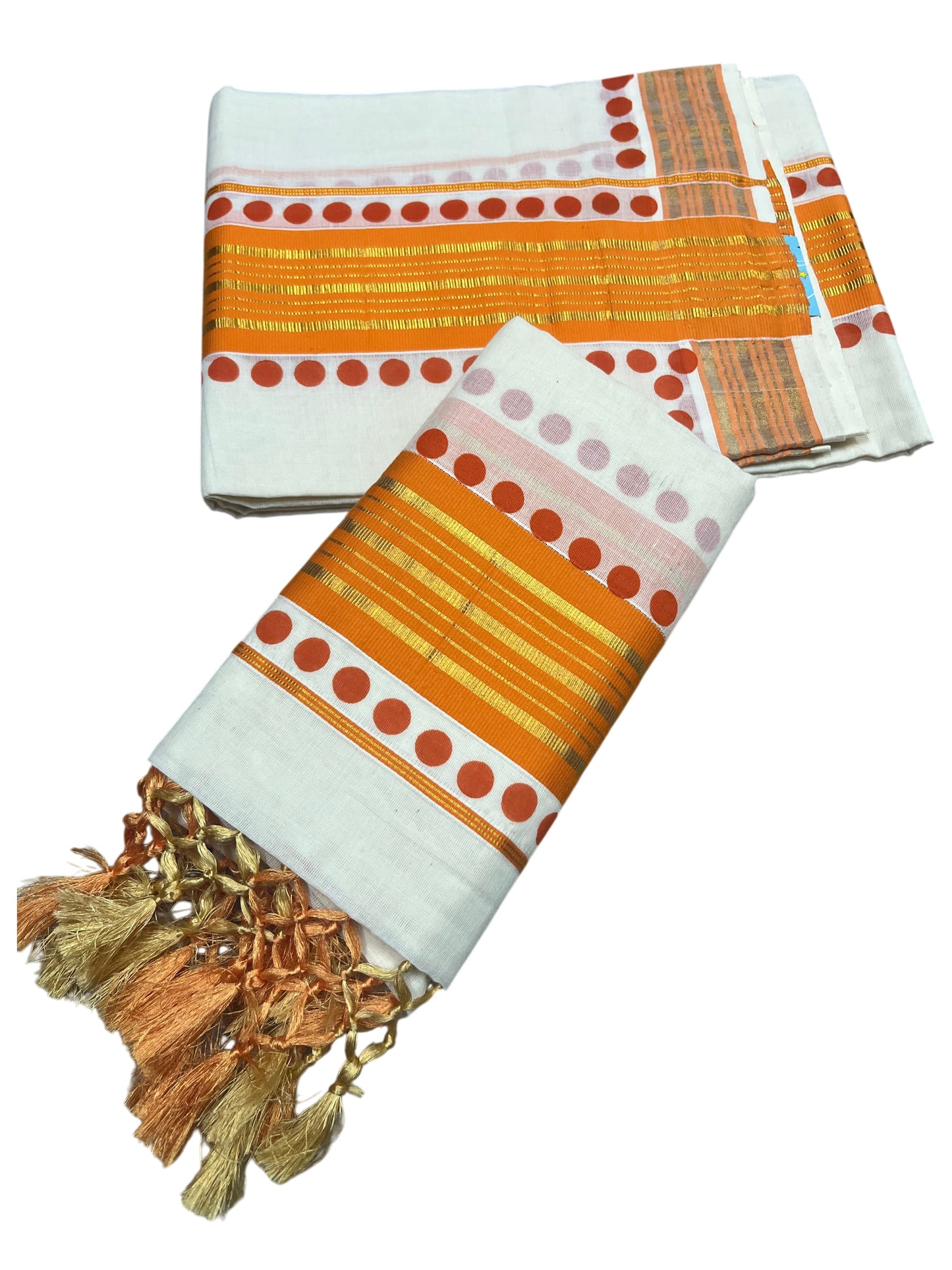 Southloom Kerala Cotton Kasavu Single Set Mundu (Mundum Neriyathum) with Orange Border With Polka Dots SLKK