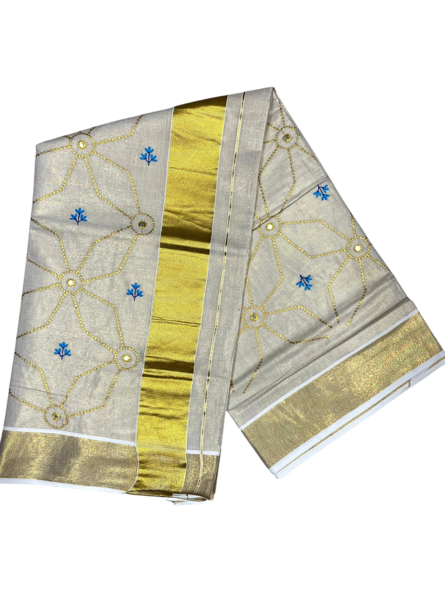Southloom Kerala Tissue Kasavu Saree with Floral Embroidery Work on Body in Blue