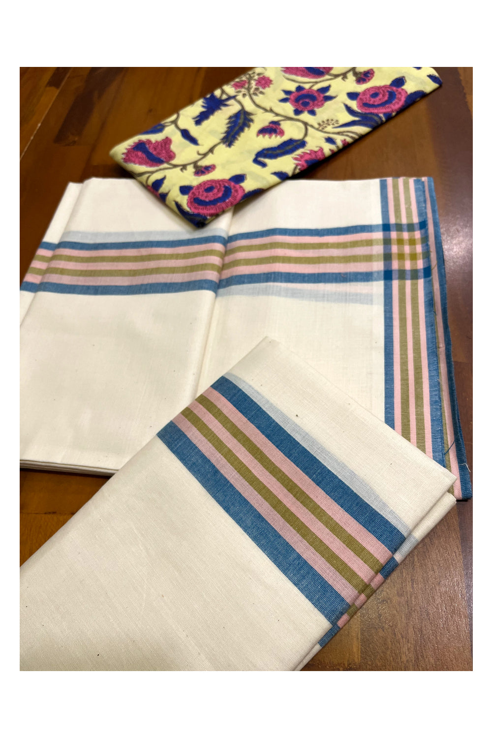 Southloom Mulloth Soft Cotton Blue Peach Border Set Mundu with Jaipur Printed Blouse Piece (2.60 M Neriyathu / Blouse 1 Meter)