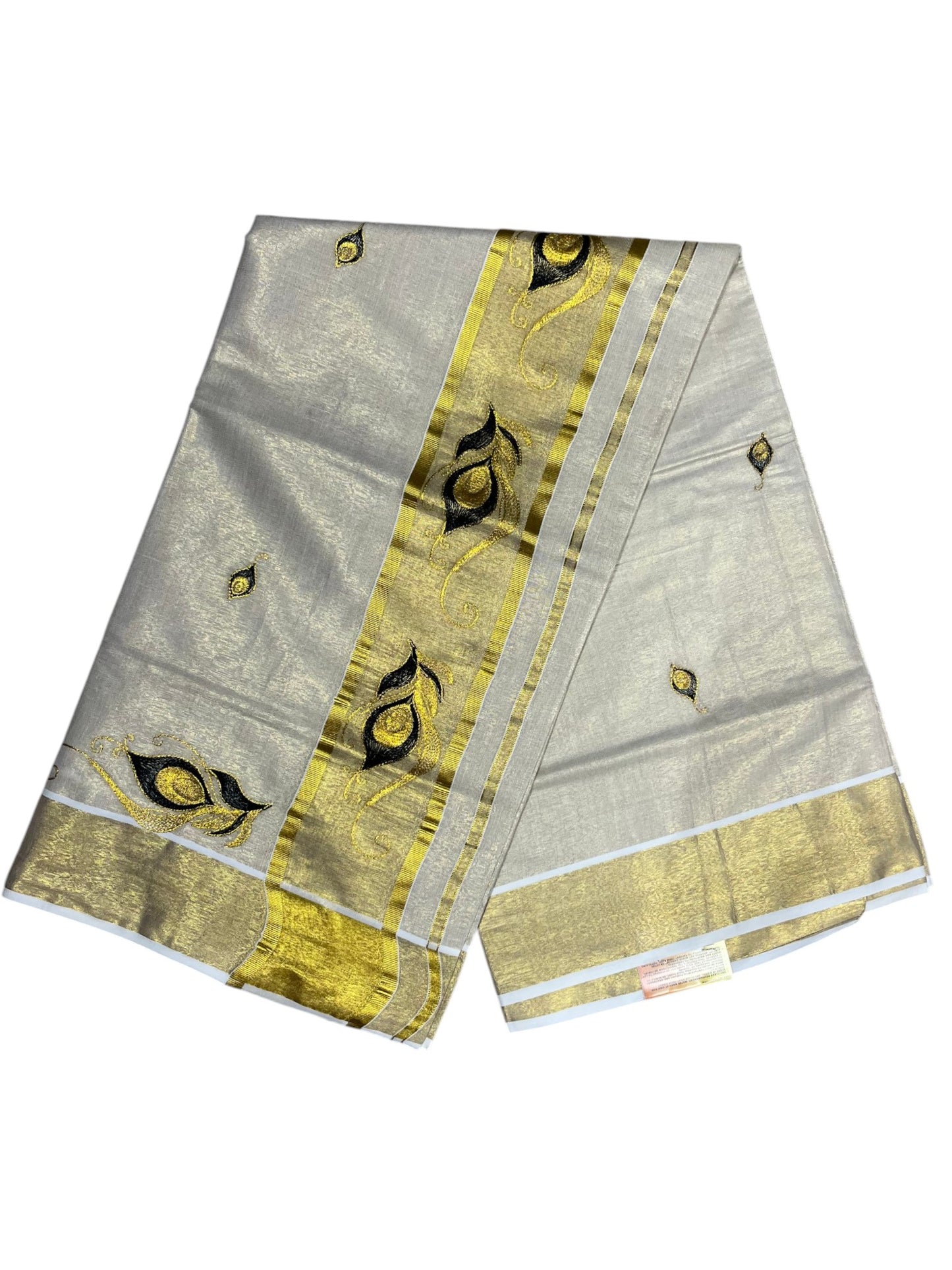 Southloom Kerala Tissue Kasavu Saree with Black Peacock Feather Embroidery Works