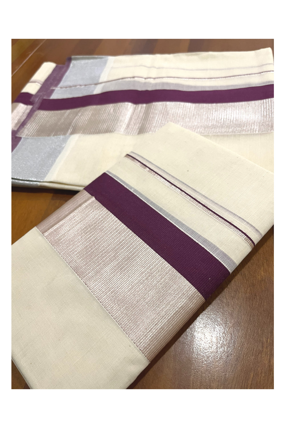 Cotton Set Mundu (Mundum Neriyathum) with Purple and Silver Kasavu Border 2.80 Mtrs