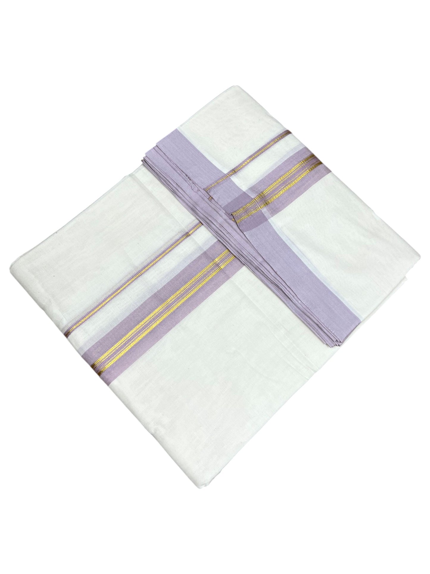 Southloom Pure Cotton Mundu with Gold Lines and Lavander Border (South Indian Kerala Dhoti)