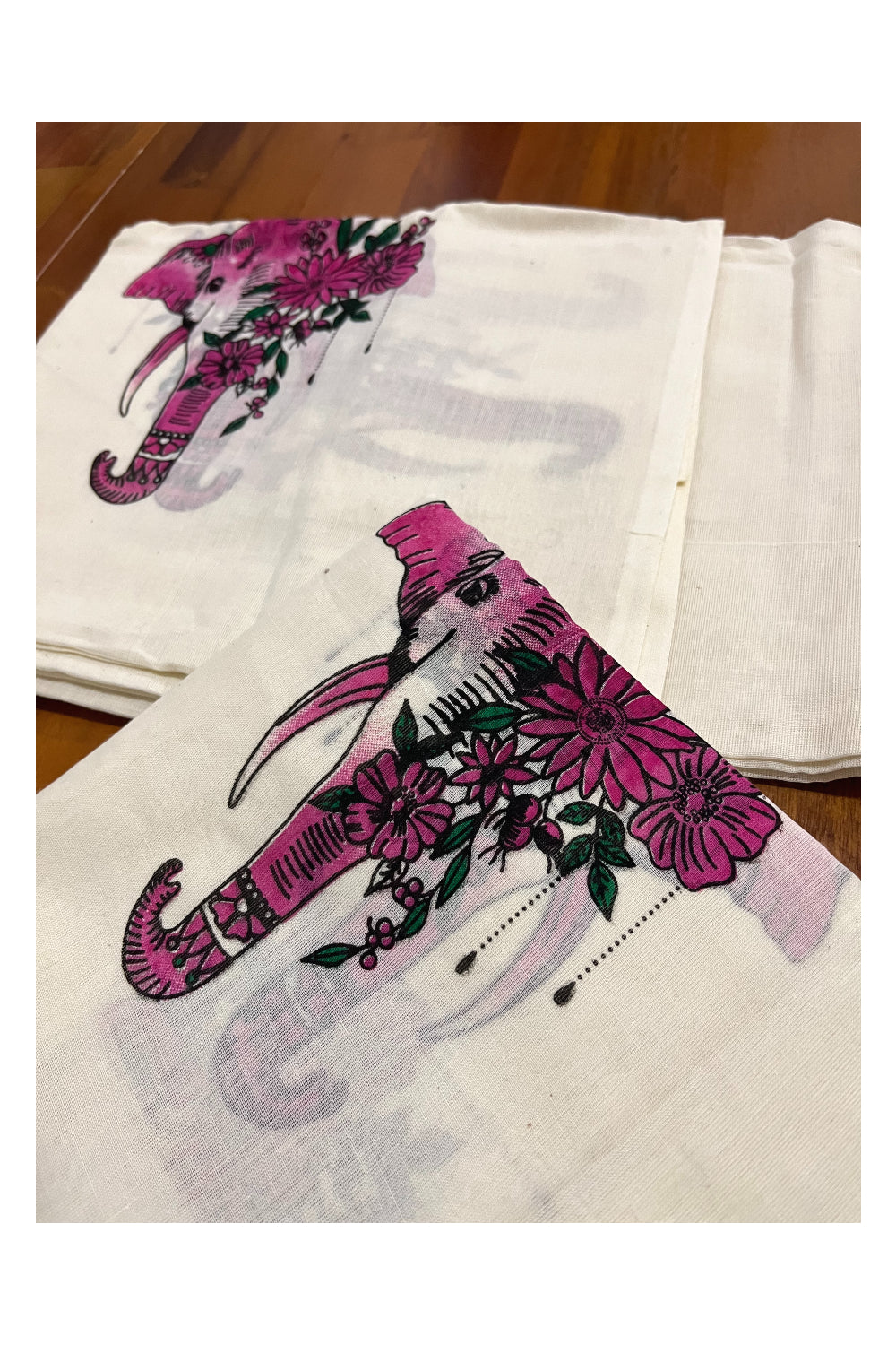 Cotton Kerala Single Set Mundu with Magenta Elephant Art Block Prints