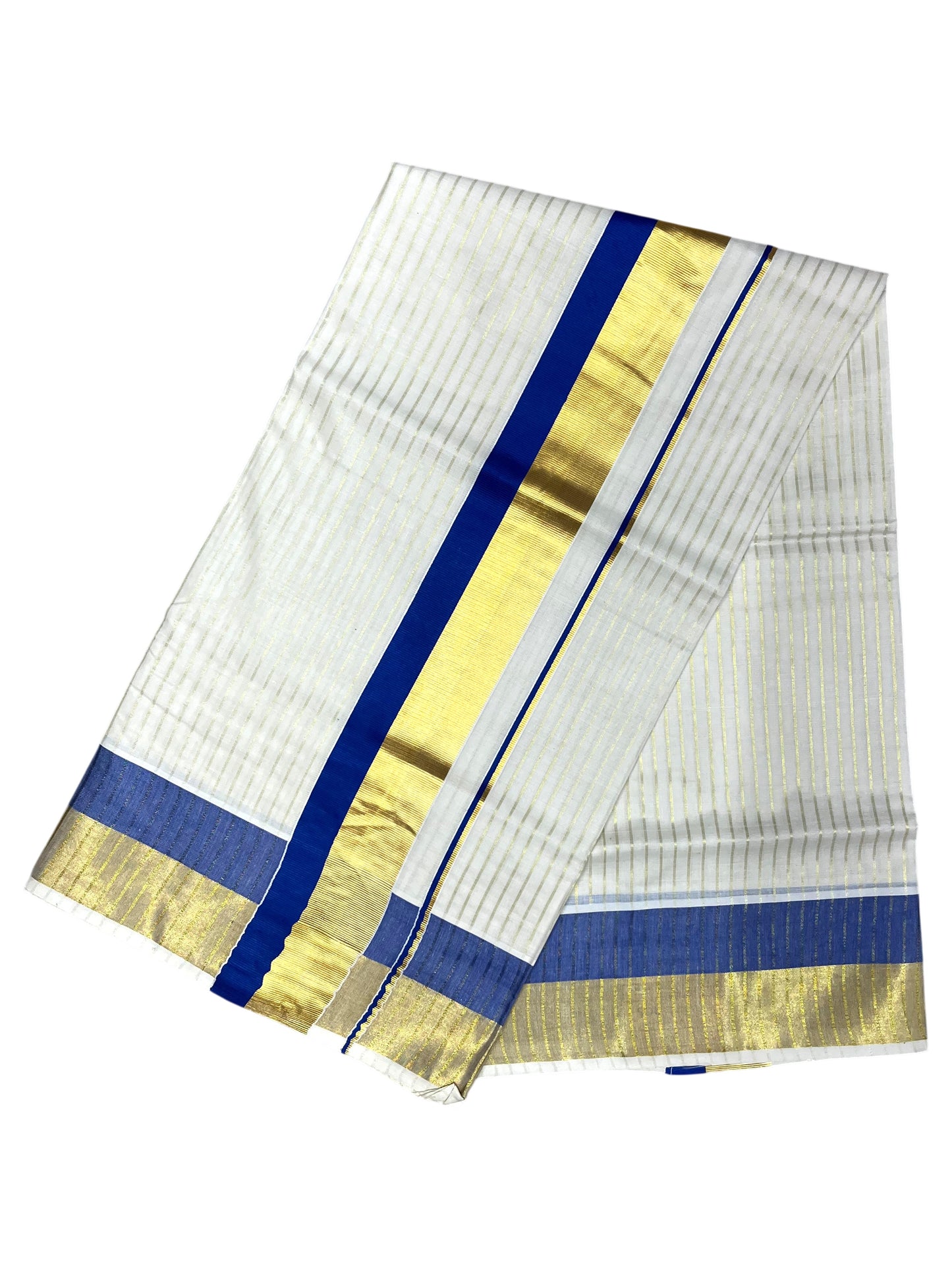 Southloom Pure Cotton Kerala Saree with Gold Kasavu Lines Across Body and  Blue Border