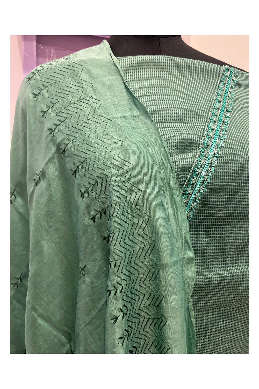 Southloom™ Kota Fabric Churidar Salwar Suit Material in Green with Bead Design Yoke