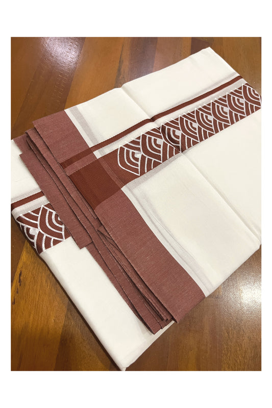 Pure White Cotton Double Mundu with Brown Block Printed Border (South Indian Kerala Dhoti)