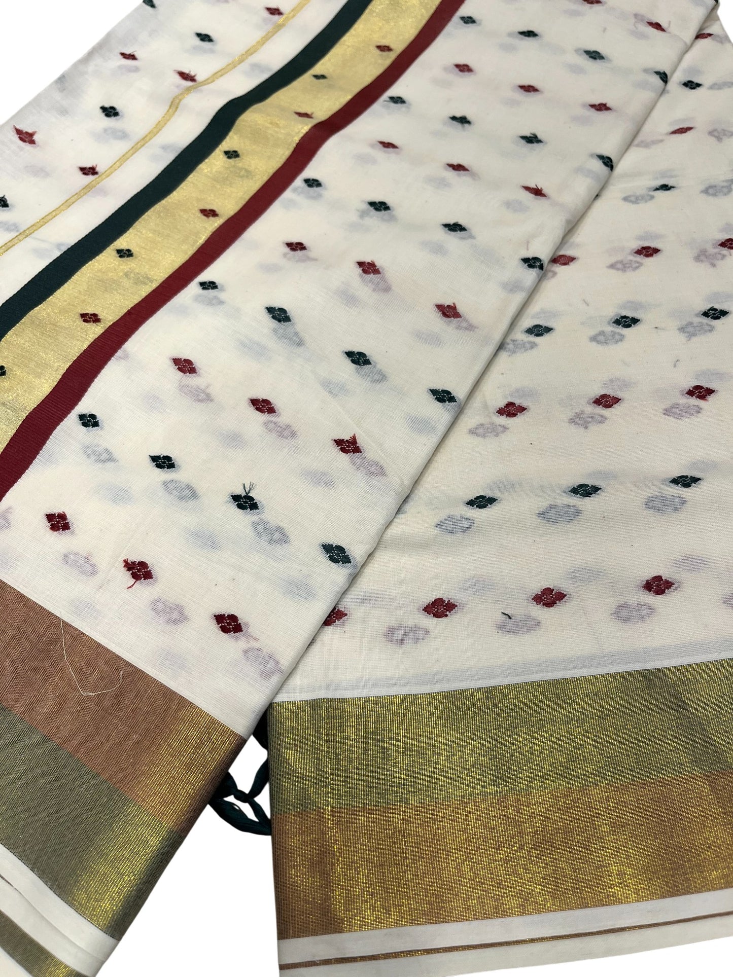 Southloom Cotton Kasavu Saree with Maroon and Green Thread Work Across Body