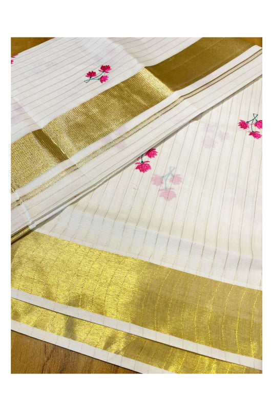 Kerala Cotton Kasavu Lines Saree with Pink Lotus Embroidery Work