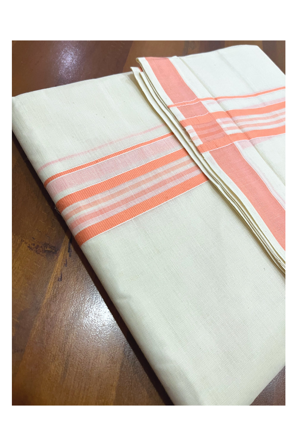 Kerala Cotton Double Mundu with Peach Line Border