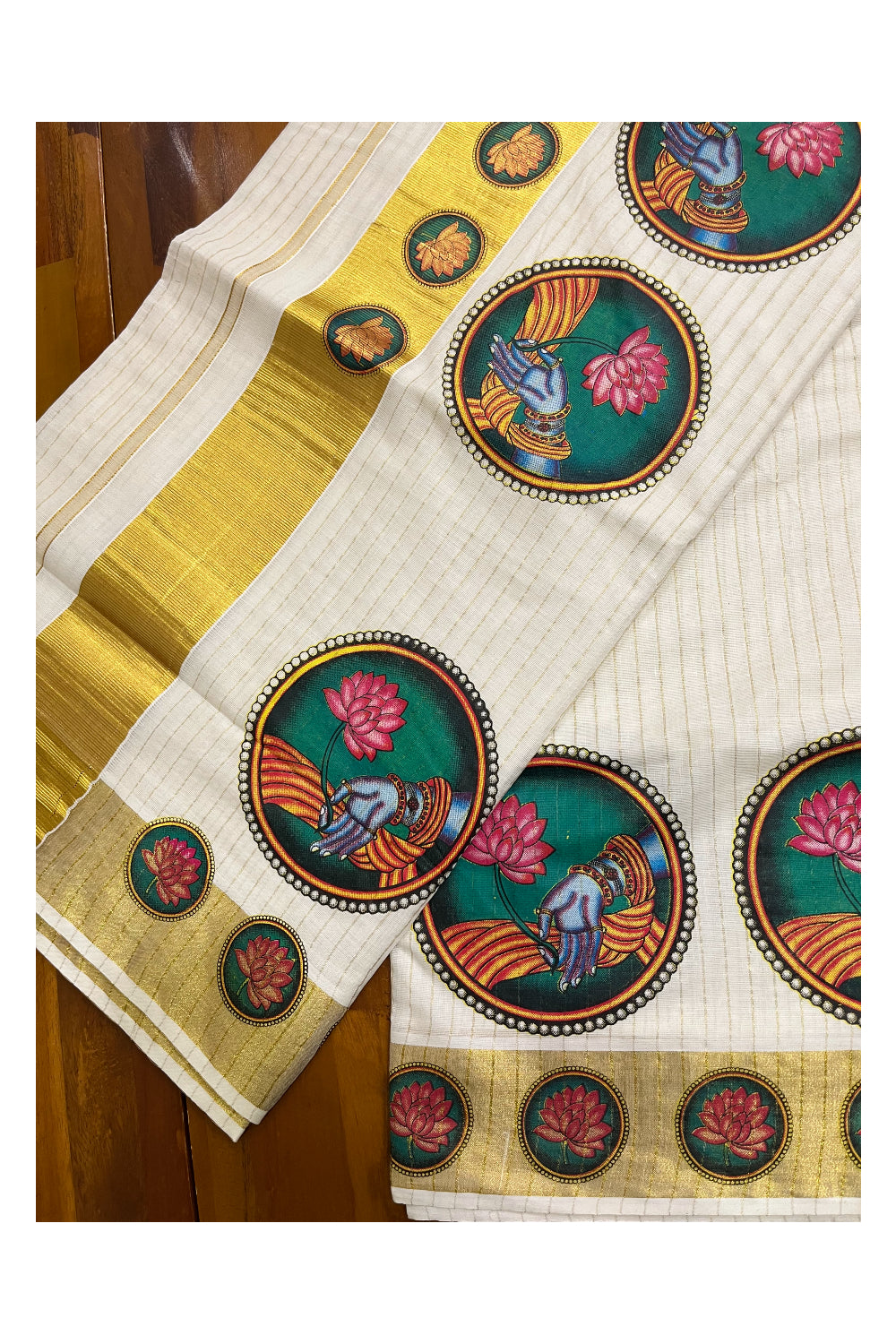 Pure Cotton Kerala Saree with Kasavu Lines Across Body and Lotus Mural Prints on Border