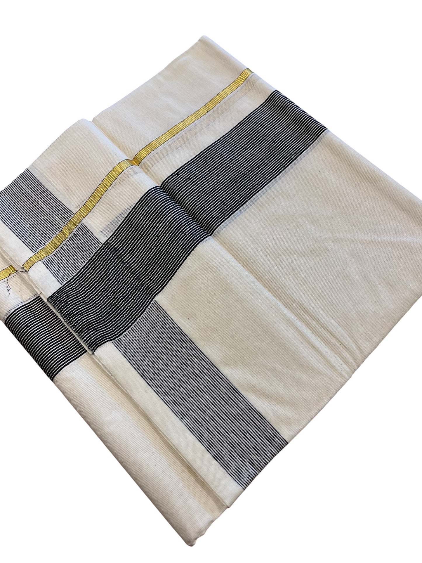 Southloom Kerala Pure Cotton Double Mundu with Gold Lines & Black Border (South Indian Dhoti)