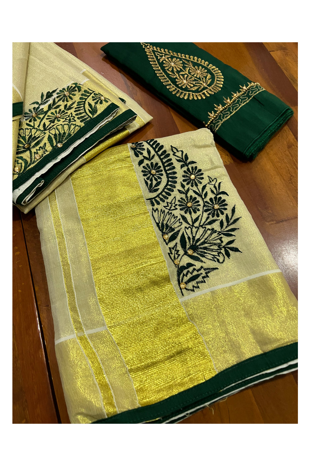 Kerala Tissue Kasavu Set Mundu (Mundum Neriyathum) with Handwork Embroidery Design and Green Blouse Piece