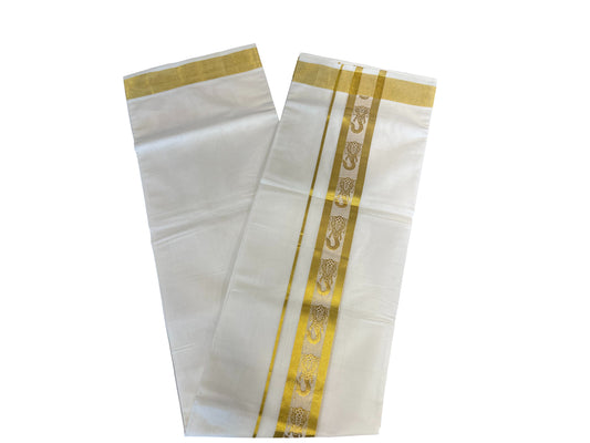 Southloom Premium Handloom Cotton Double Mundu with Gold Kasav  Border
