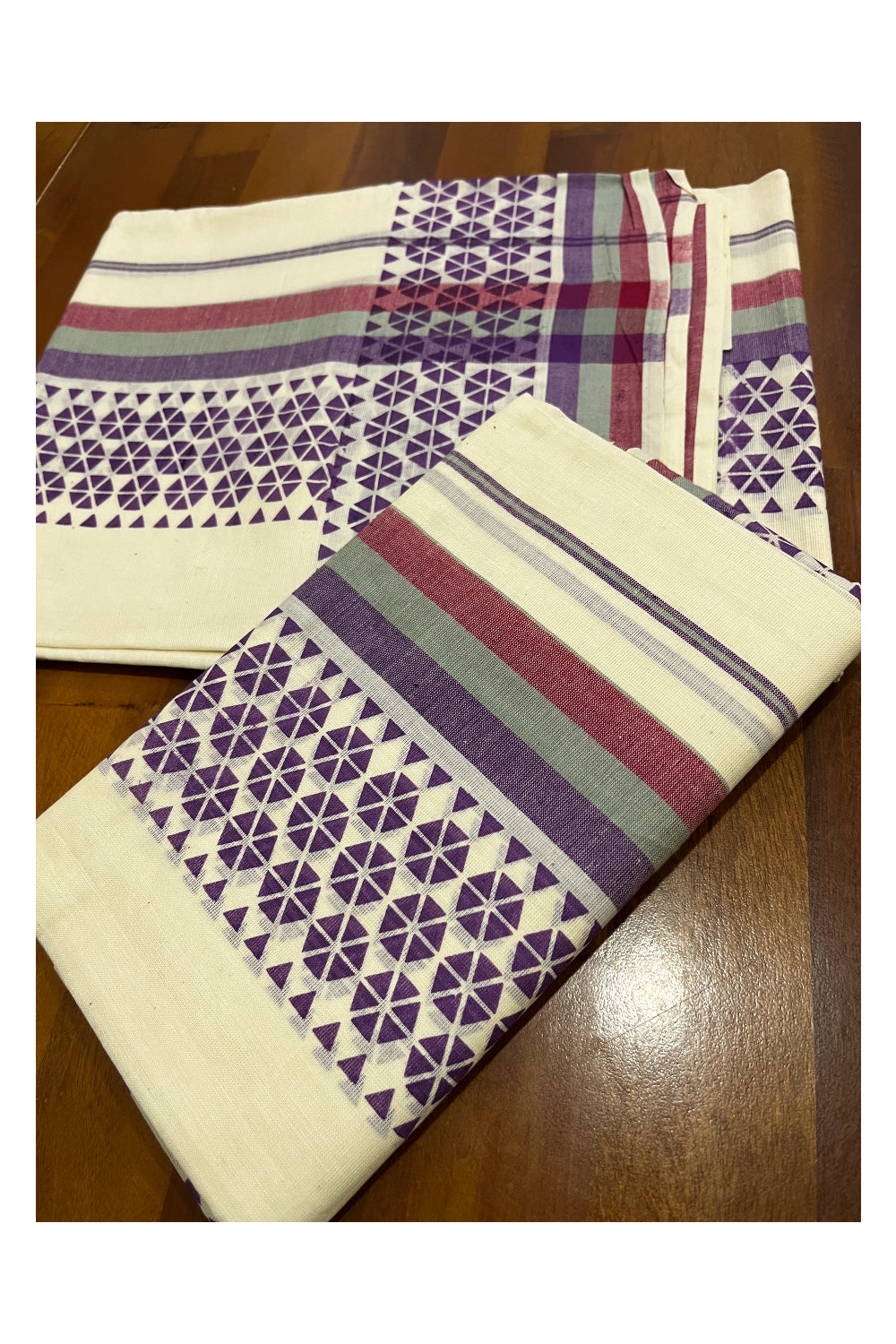 Kerala Cotton Mulloth Mundum Neriyathum Single (Set Mundu) with Violet Block Printed Border (Extra Soft Cotton)