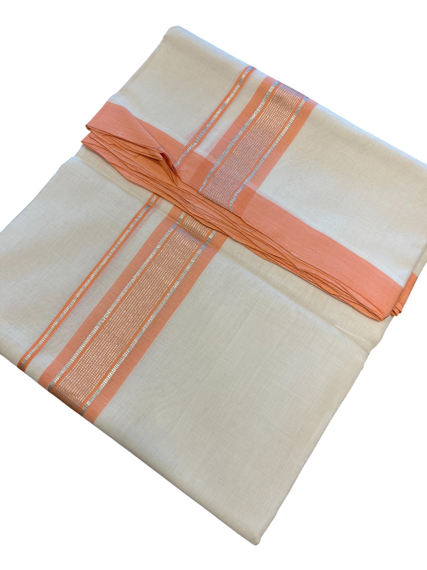 Southloom Premium Handloom Cotton Double Mundu with Silver and Peach Chutti Kara Border
