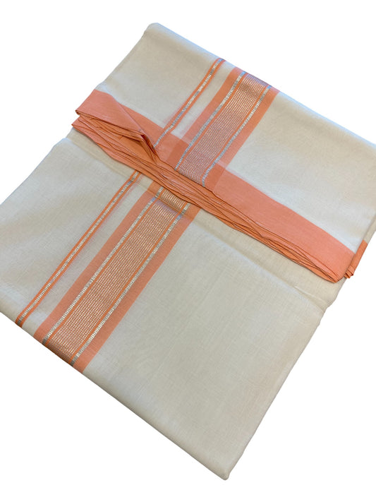 Southloom Premium Handloom Cotton Double Mundu with Silver and Peach Chutti Kara Border