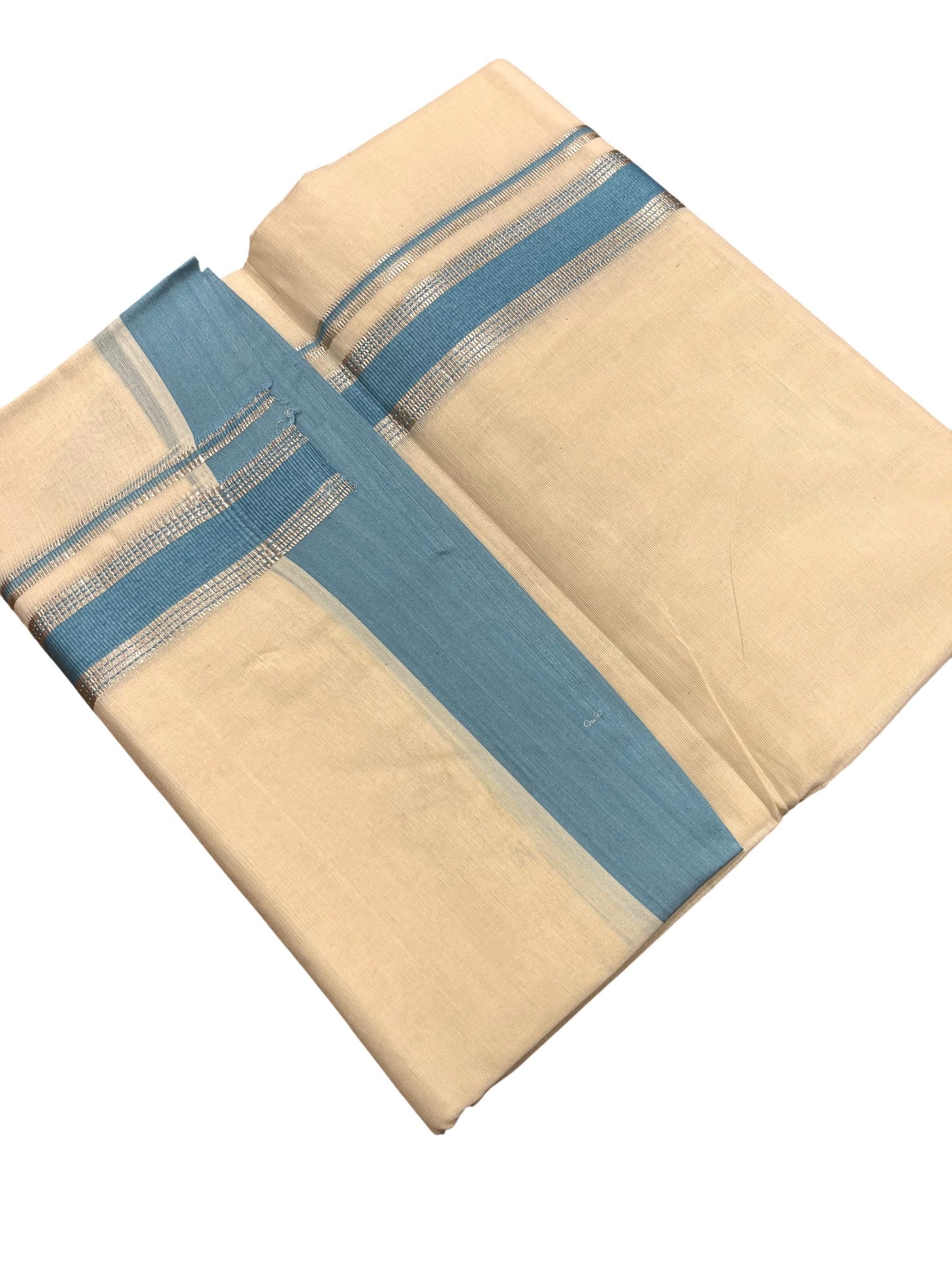 Southloom Kerala Pure Cotton Double Mundu with Silver Lines & Blue Border (South Indian Dhoti)