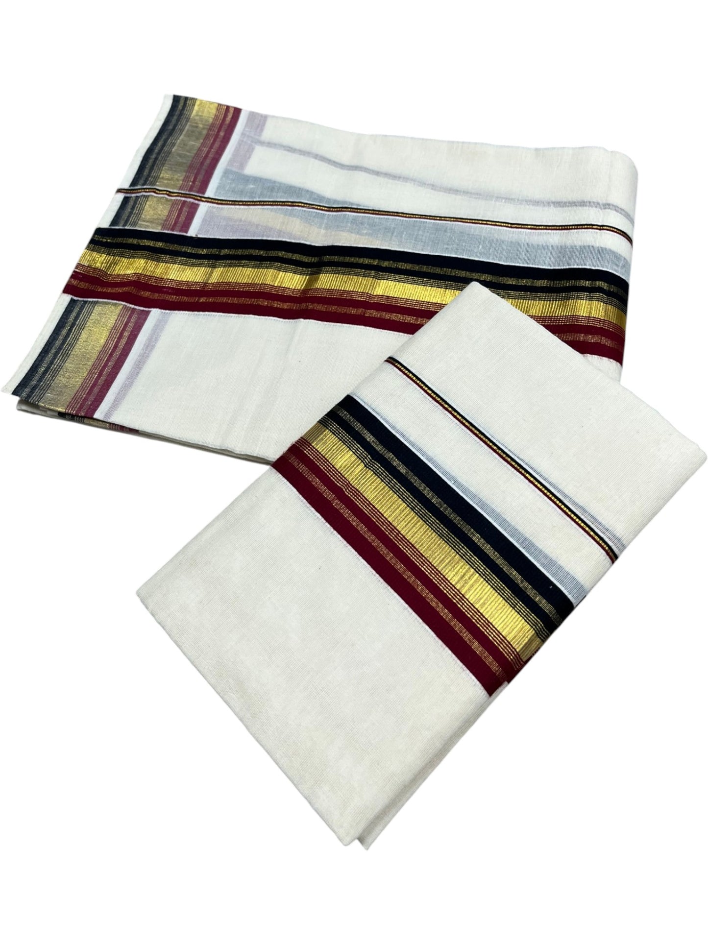 Southloom Kerala Cotton Kasavu Single Set Mundu (Mundum Neriyathum) with Black and Maroon Kasavu Border SLKK SL480
