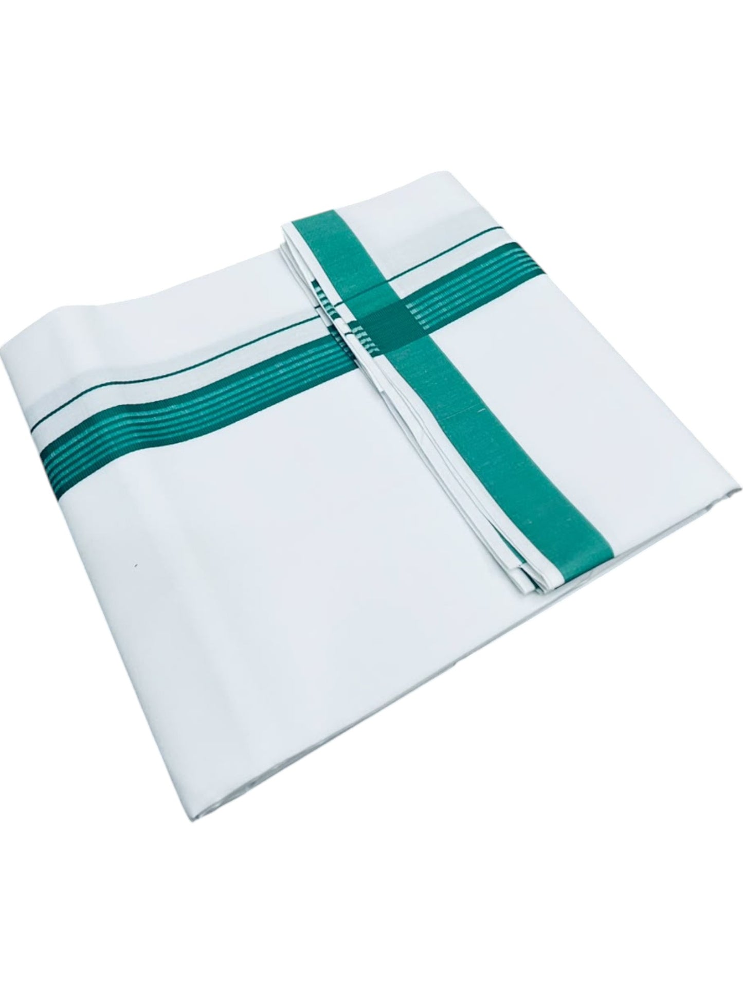 Southloom Pure White Single Cotton Mundu with Green Border (South Indian Kerala Dhoti)