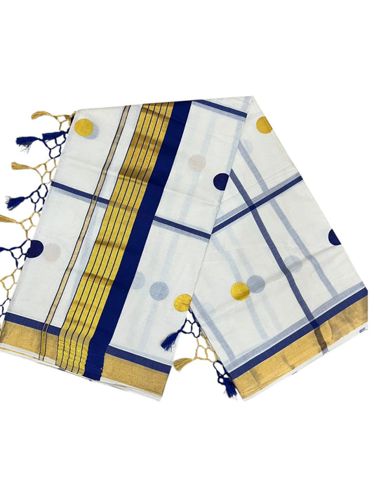 Southloom Kerala Cotton Kasavu Saree with Blue & Gold Polka Works on BodySL581