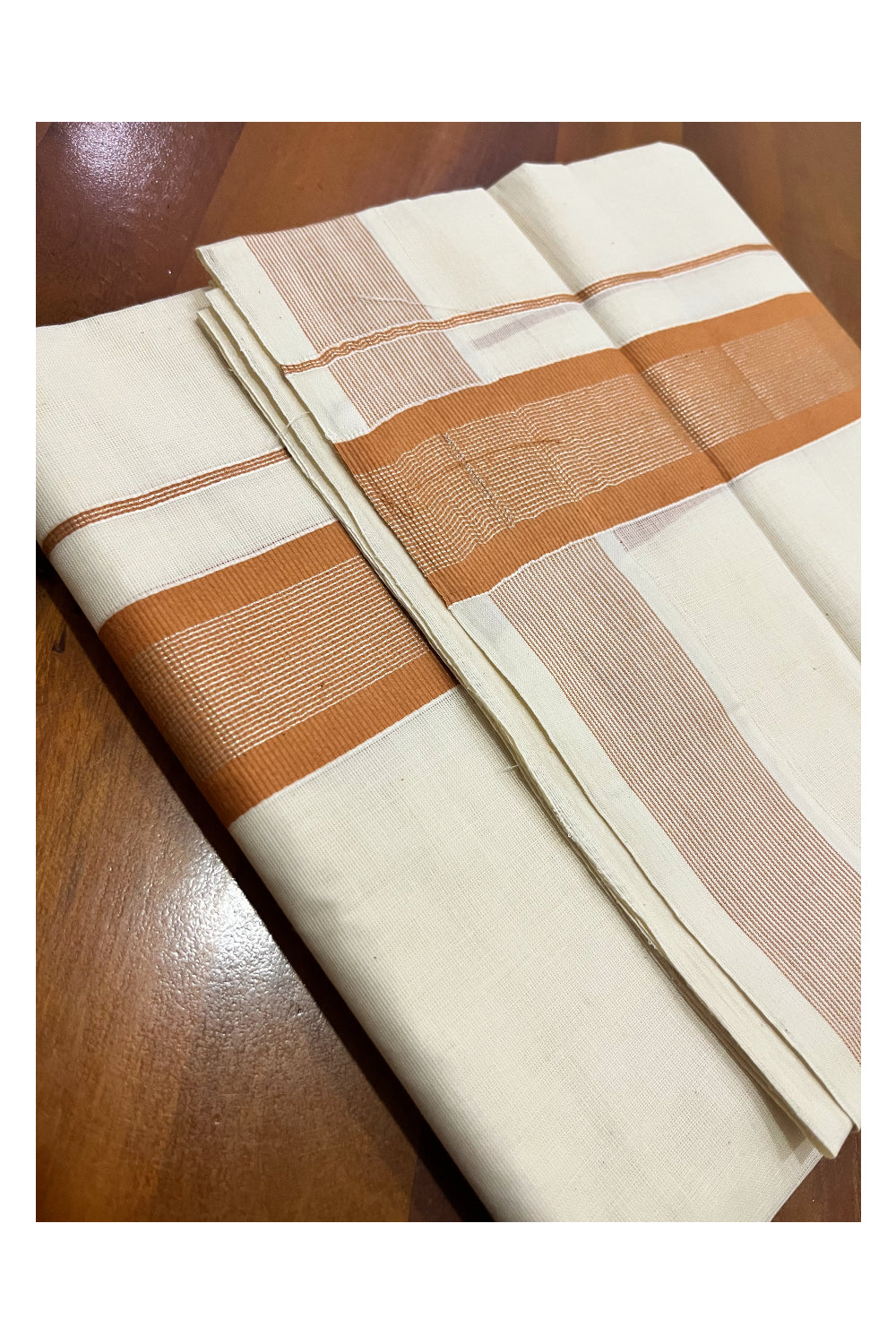 Kerala Pure Cotton Double Mundu with Orange and Silver Kasavu Border (South Indian Kerala Dhoti)