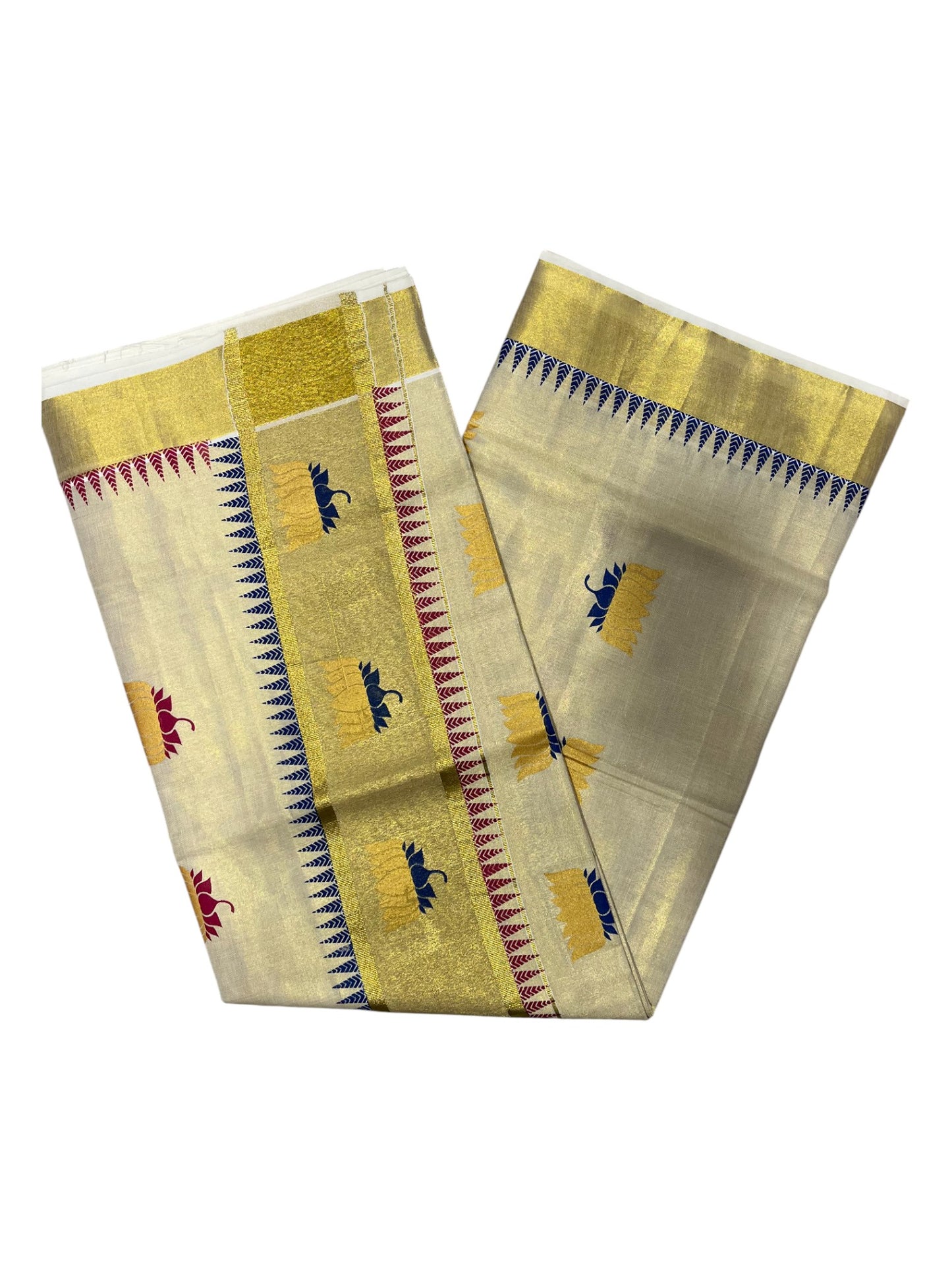 Southloom Kerala Tissue Kasavu Saree with Lotus Hand Printed Work in Blue&Maroon