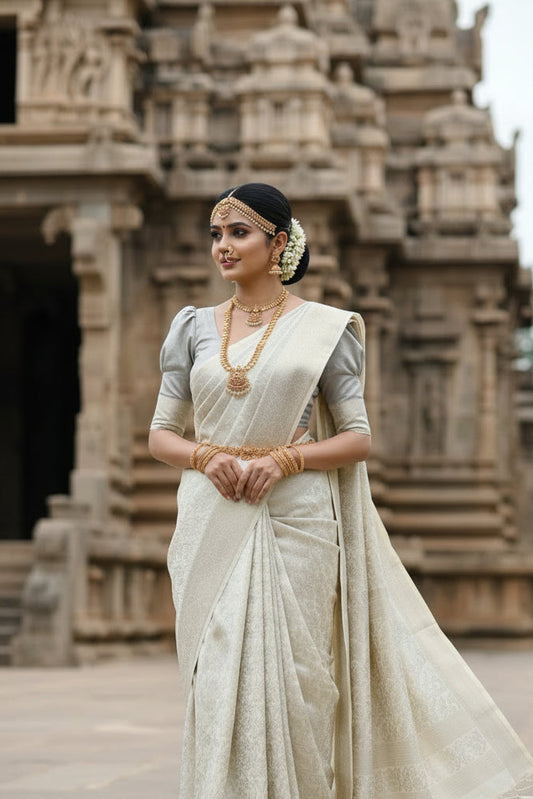 Southloom Brocade Silk Saree with Silver Zari Work in Grey Pastel Shade