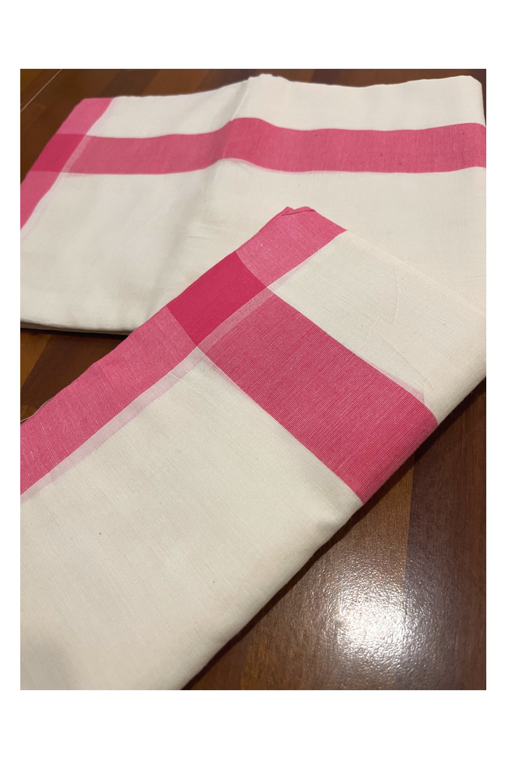 Kerala Cotton Mulloth Single Set Mundu (Mundum Neriyathum) with Pink Border (Extra Soft Cotton)