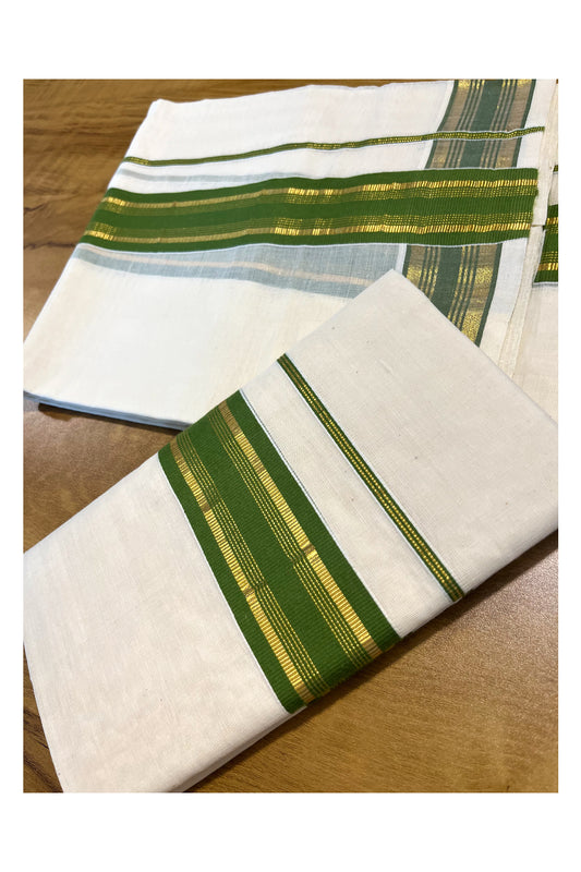 Kerala Cotton Set Mundu (Mundum Neriyathum) with Kasavu and Olive Green Border 2.80 Mtrs